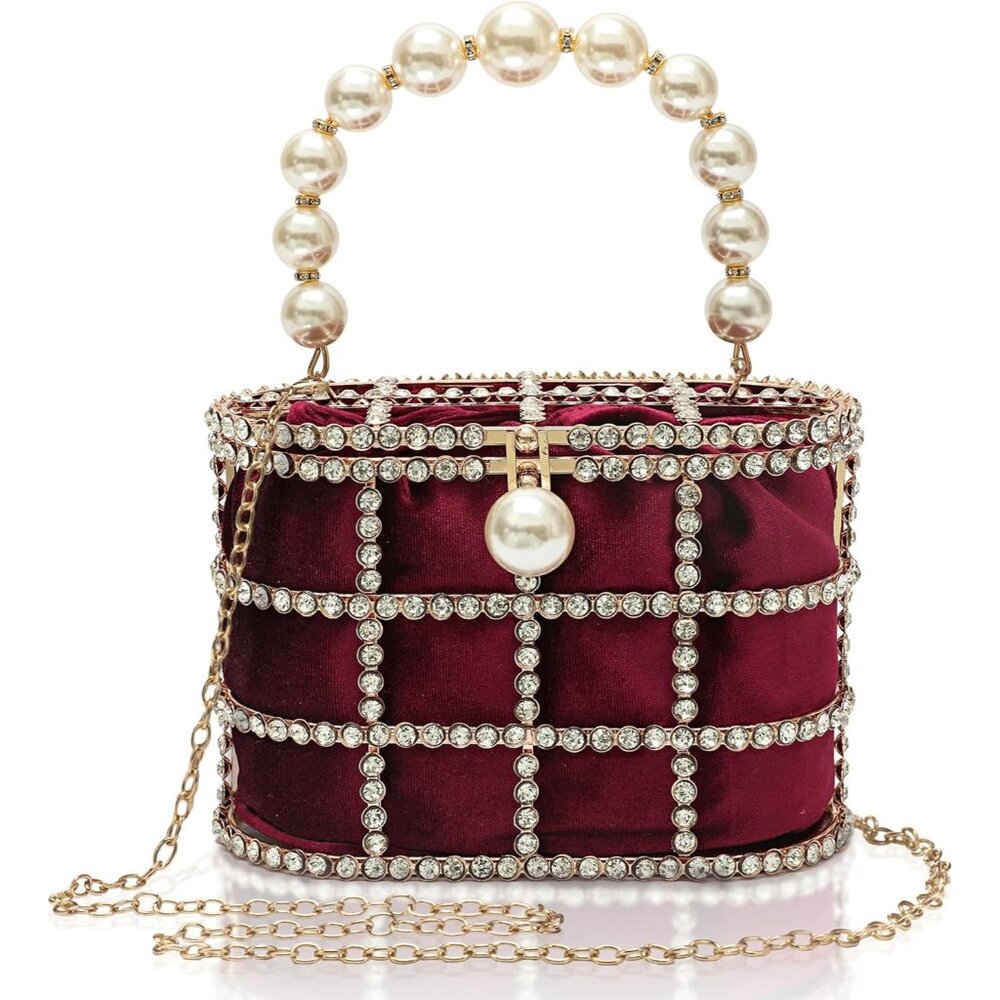 ⚡Women's Red Detachable Pearl Diamond Chain Soft Velvet Shoulder Clutch Handbag